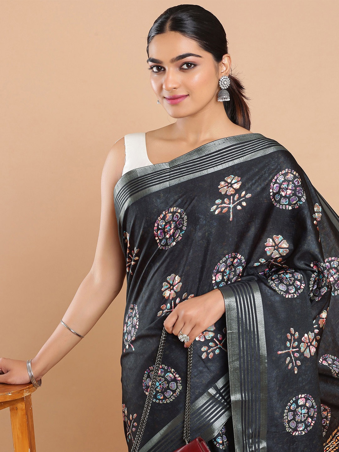 

Kalyan Silks Batik Jute Silk Tussar Saree, Black
