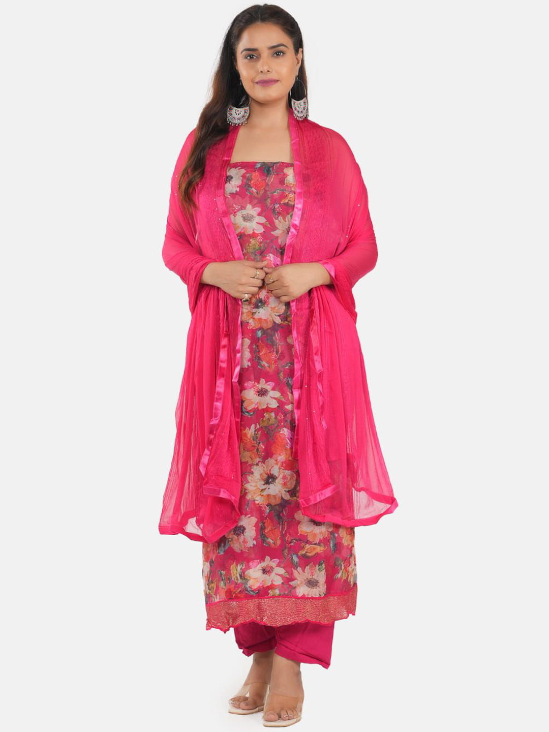 

MOZAFIA Floral Embroidered Sequinned Organza Unstitched Dress Material, Pink