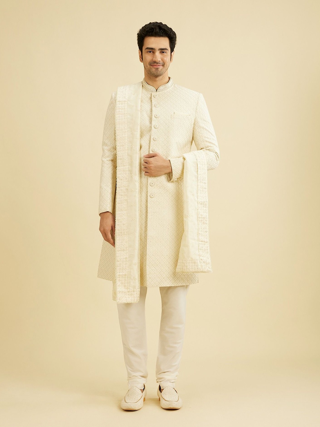 

Manyavar Men Embroidered Art Silk Dupatta with Sequinned, Cream