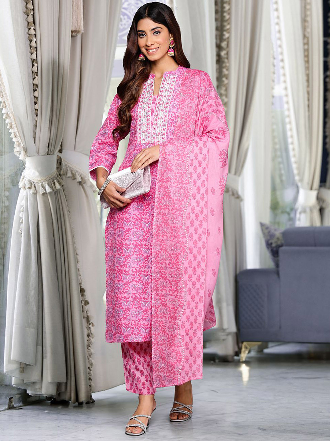 

Varanga Women Floral Embroidered Regular Thread Work Pure Cotton Kurta with Trousers & With Dupatta, Pink