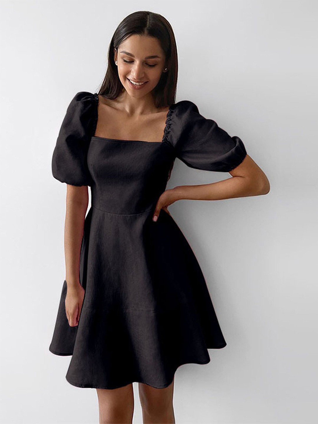 

LULU & SKY Puff Sleeve Fit & Flare Dress, Black