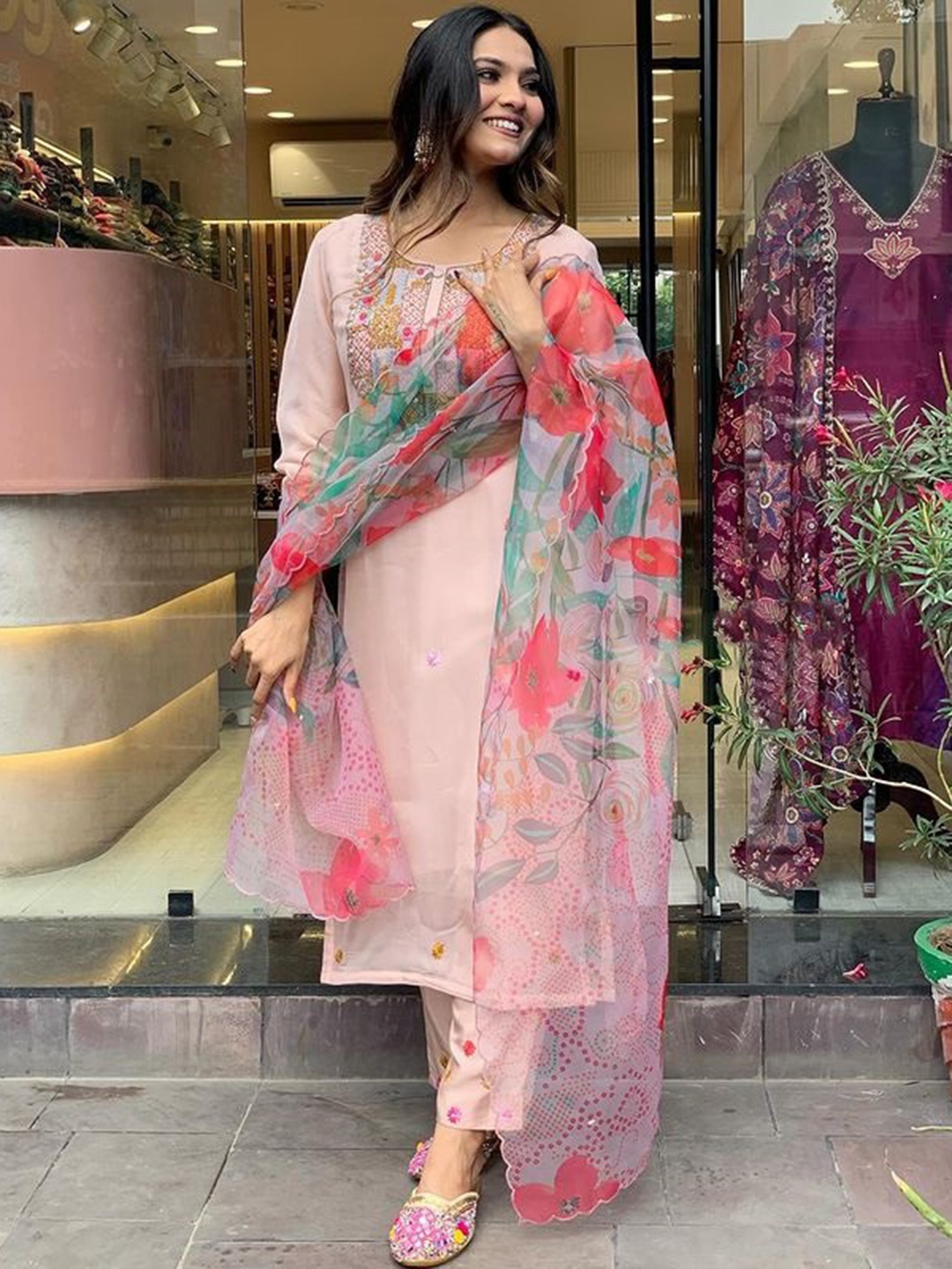

KALINI Floral Embroidered Thread Work Straight Kurta with Trouser & Dupatta, Pink