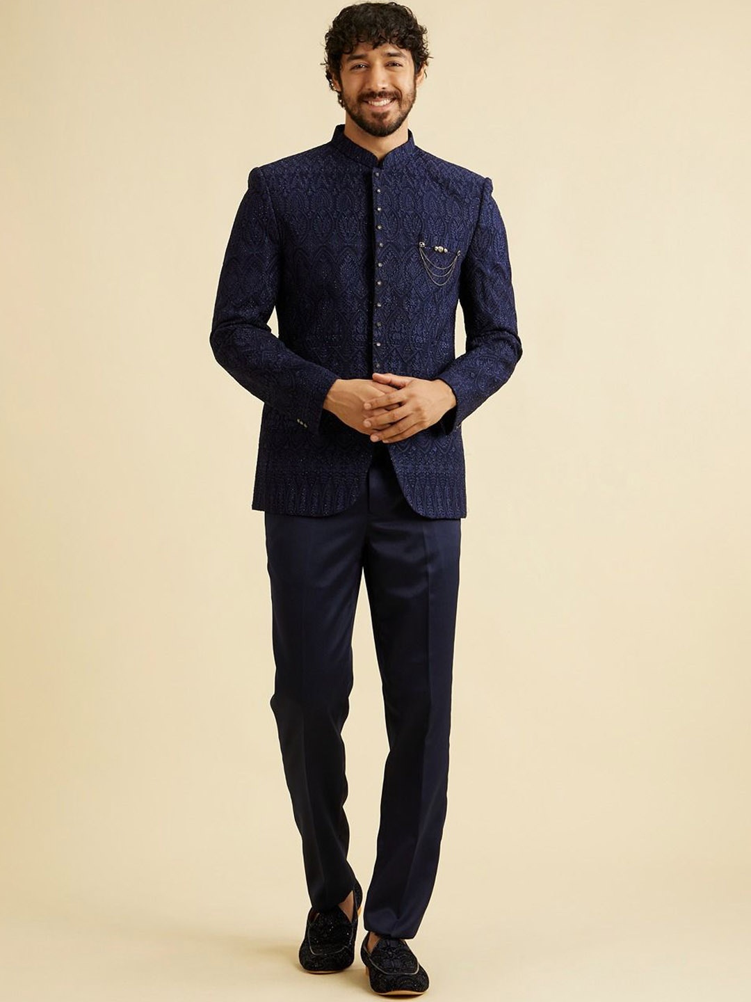 

Manyavar Embroidery Tailored-Fit Two-Piece Suit, Blue