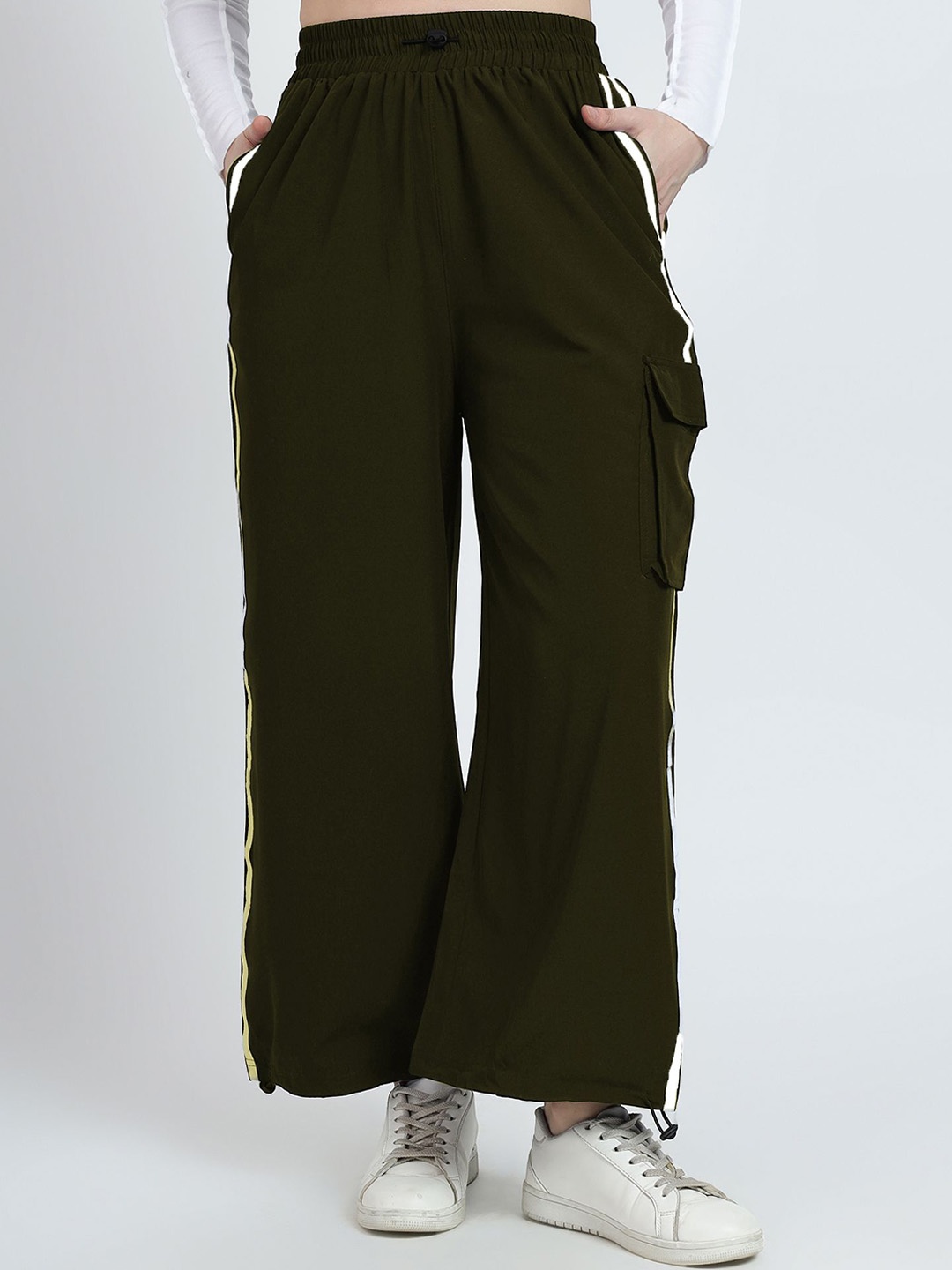 

SAAHASAM Women Striped Relaxed Loose Fit Trousers, Olive