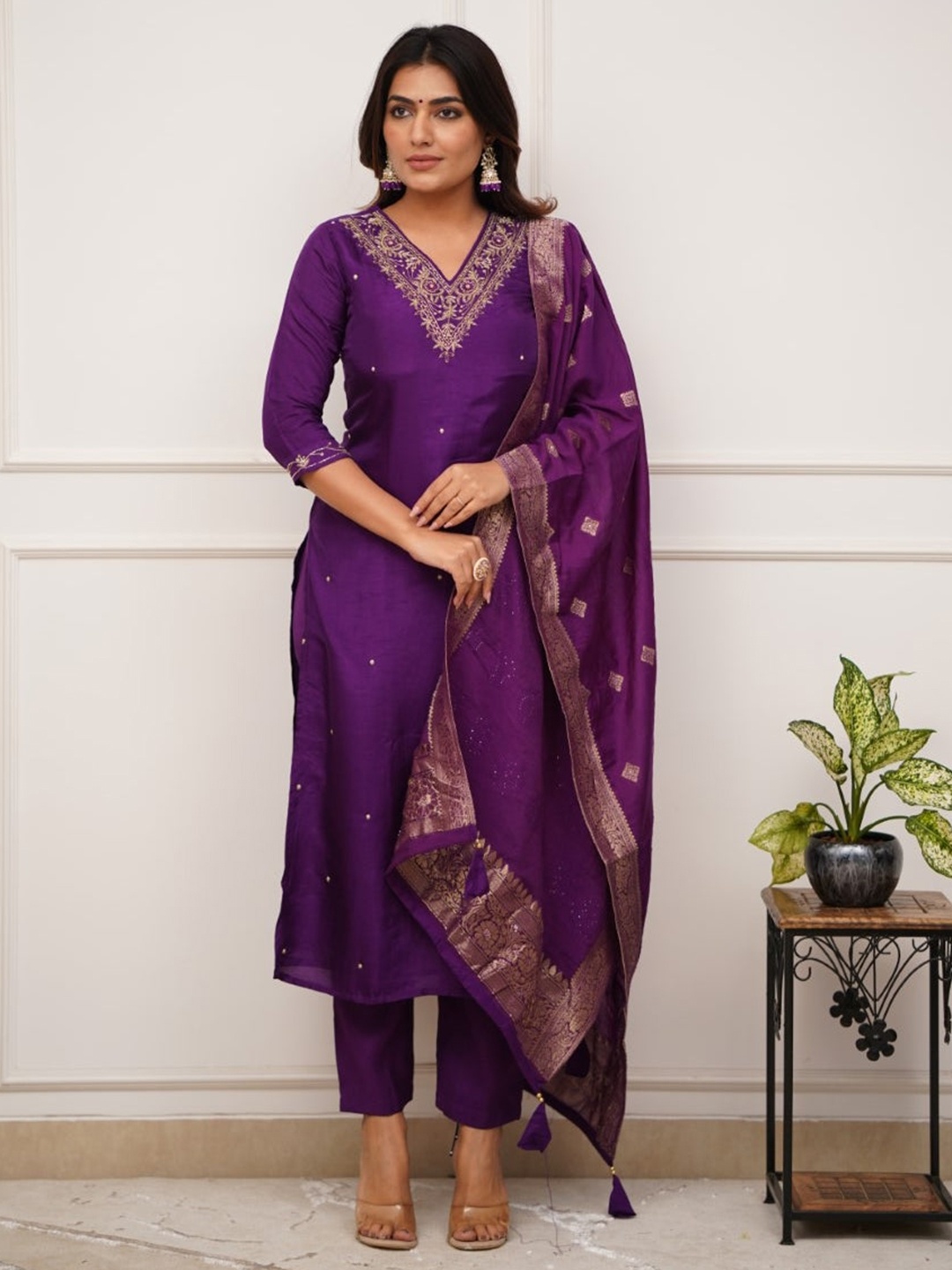 

KALINI Ethnic Motifs Embroidered Chanderi Silk Straight Kurta with Trousers & Dupatta, Purple