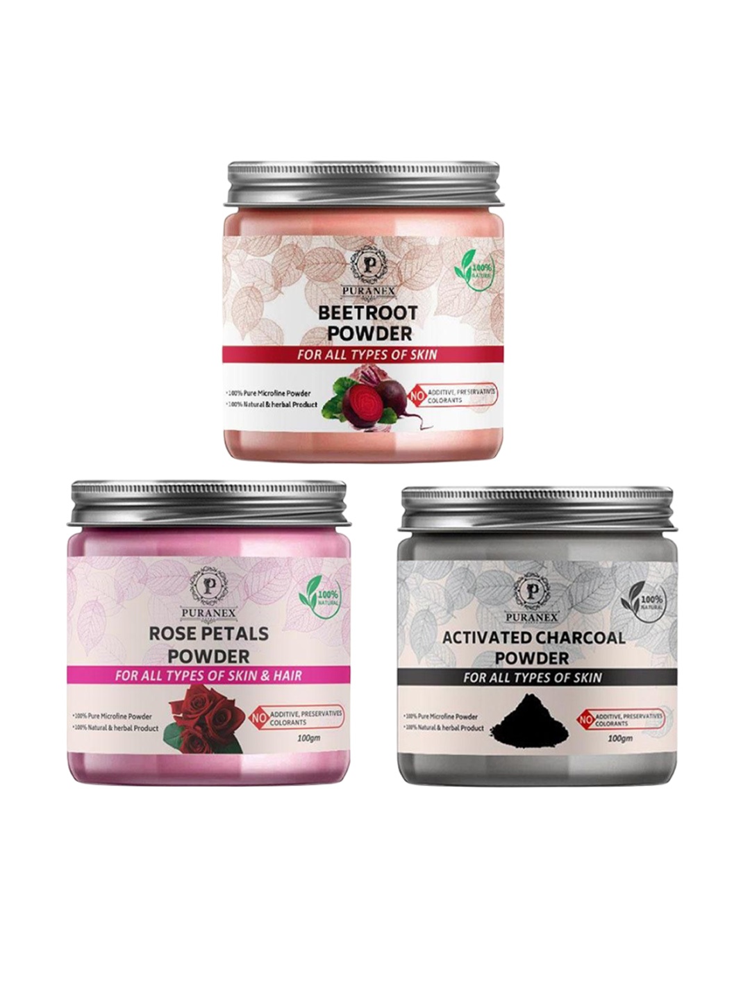 

Puranex Set Of 3 Beetroot, Activated Charcoal & Rose Petals Powder Face Pack, White