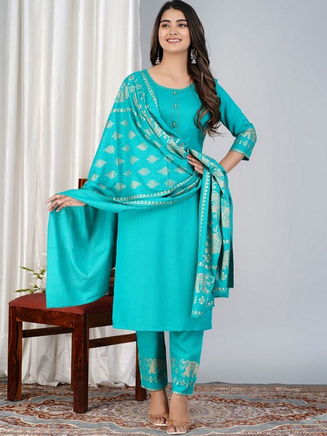 

PINGAKSH Pure Cotton Straight Kurta With Trouser & Dupatta, Turquoise blue