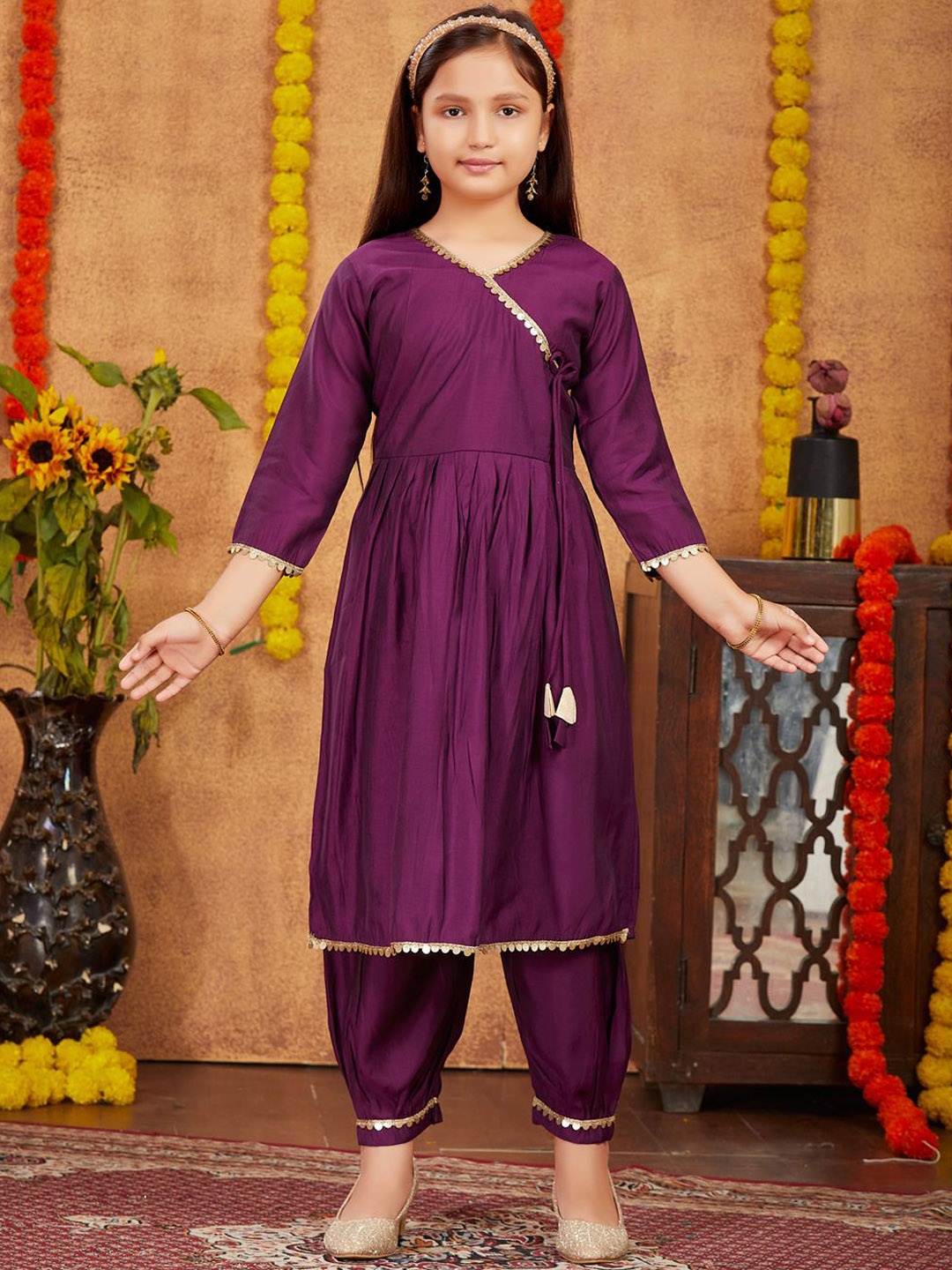 

Sangria Girls V-Neck Gotta Patti Angrakha Pure Silk A-Line Kurta With Patiala, Purple