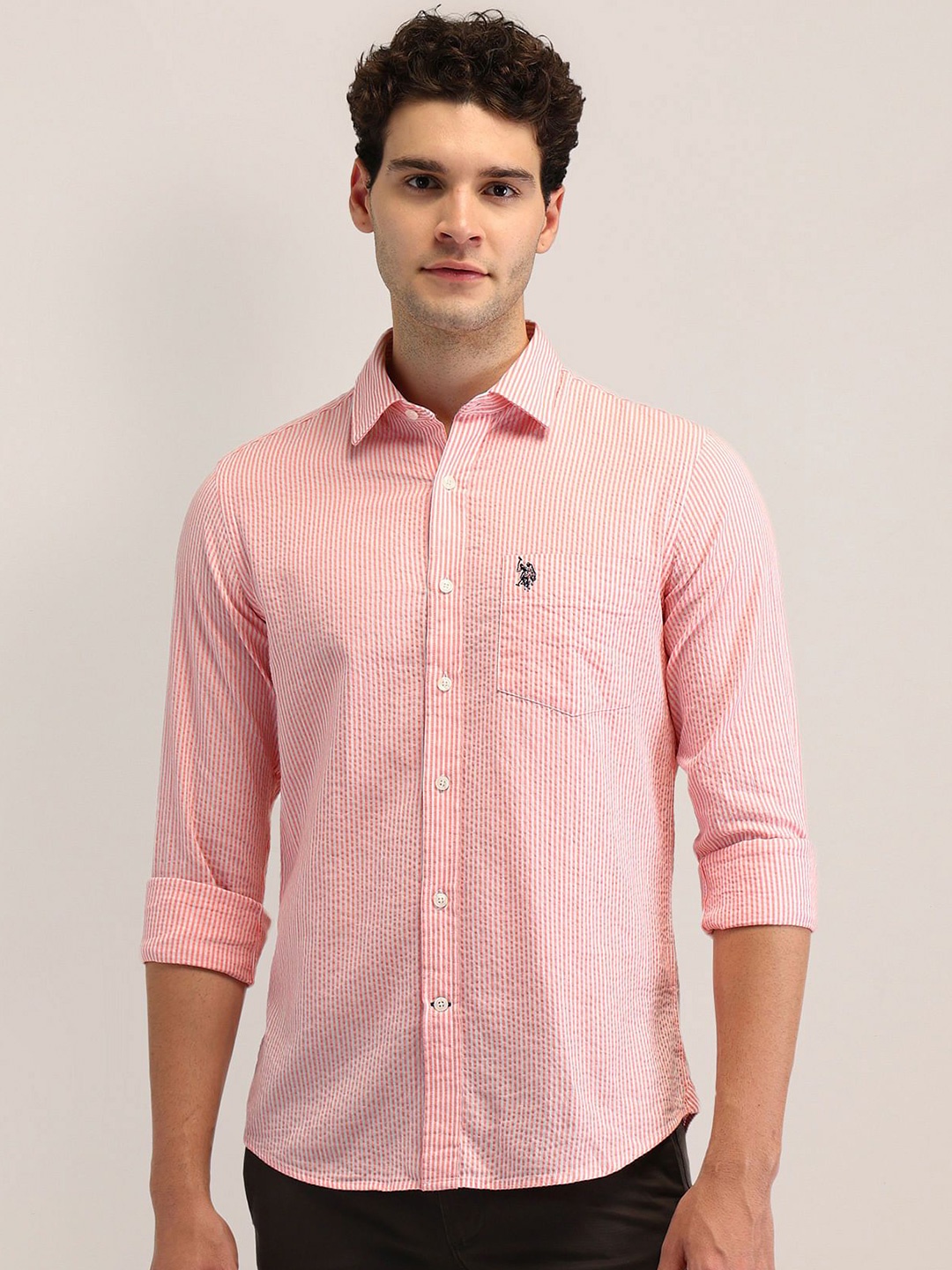 

U.S. Polo Assn. Men Tailored Fit Opaque Striped Formal Shirt, Pink