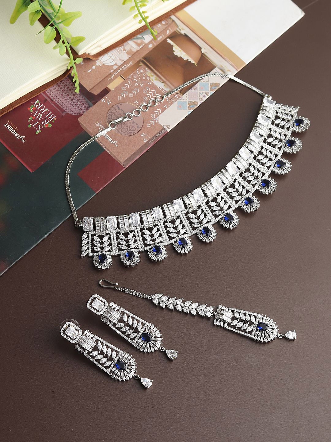 

RHOSYN Rhodium Plated American Diamond Studded Jewellery Set, Silver