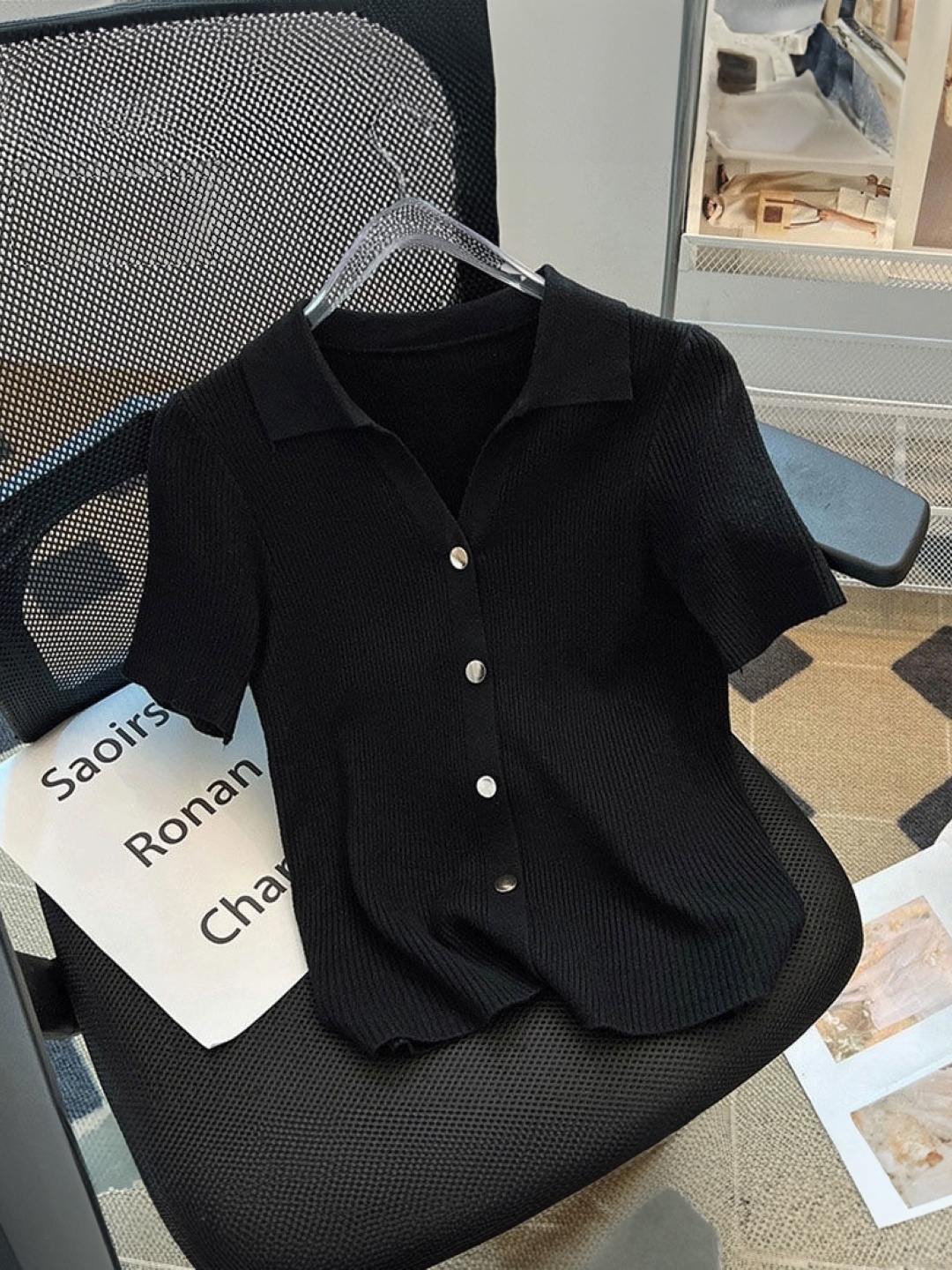 

HERE&NOW Women Solid Shirt Collar Short Sleeves Shirt Style Top, Black