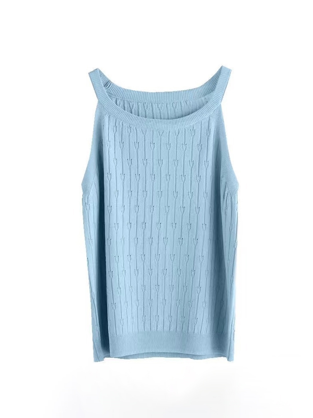 

KPOP Women Self Design Cotton Boat Neck Sleeveless Top, Blue