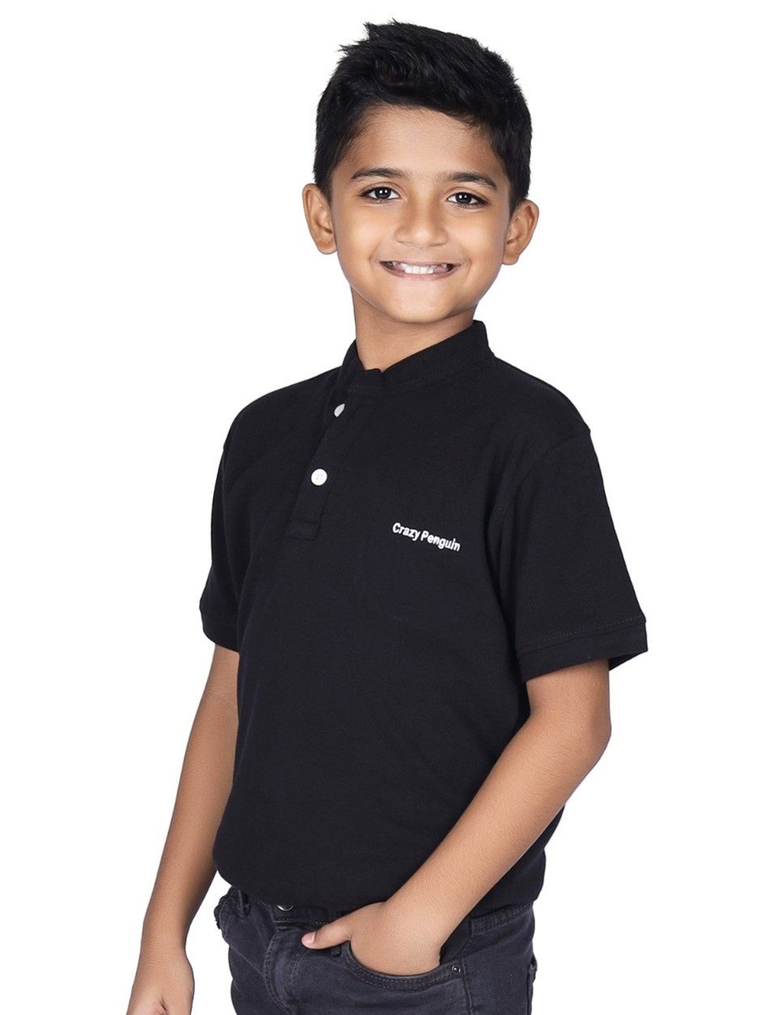

CRAZYPENGUIN ELITE Boys Solid Polo Collar Cotton Relaxed Fit T-shirt, Black