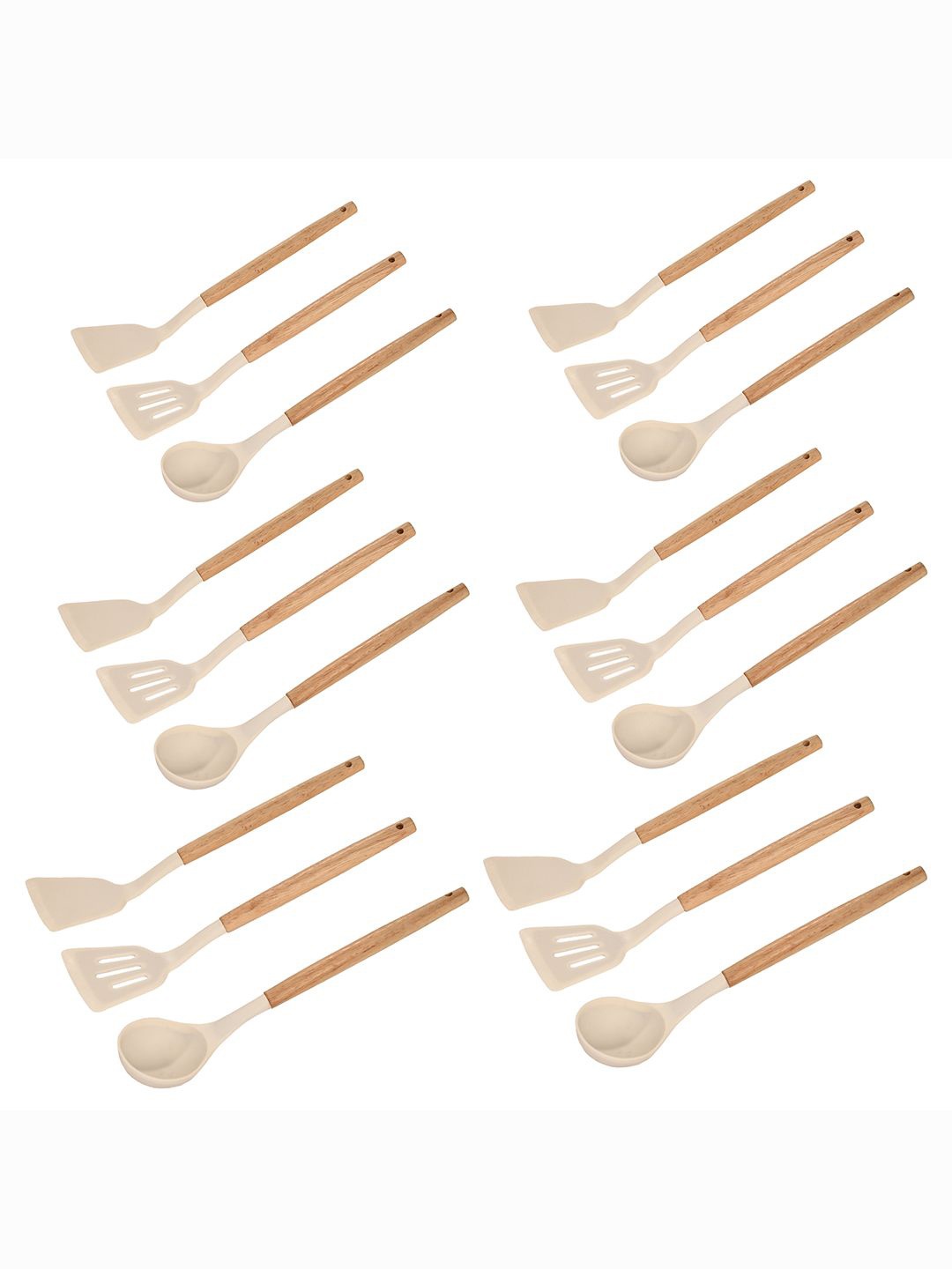 

Kuber Industries White & Beige 18 Pieces Silicone Nonstick Spatula Set With Wooden Handle