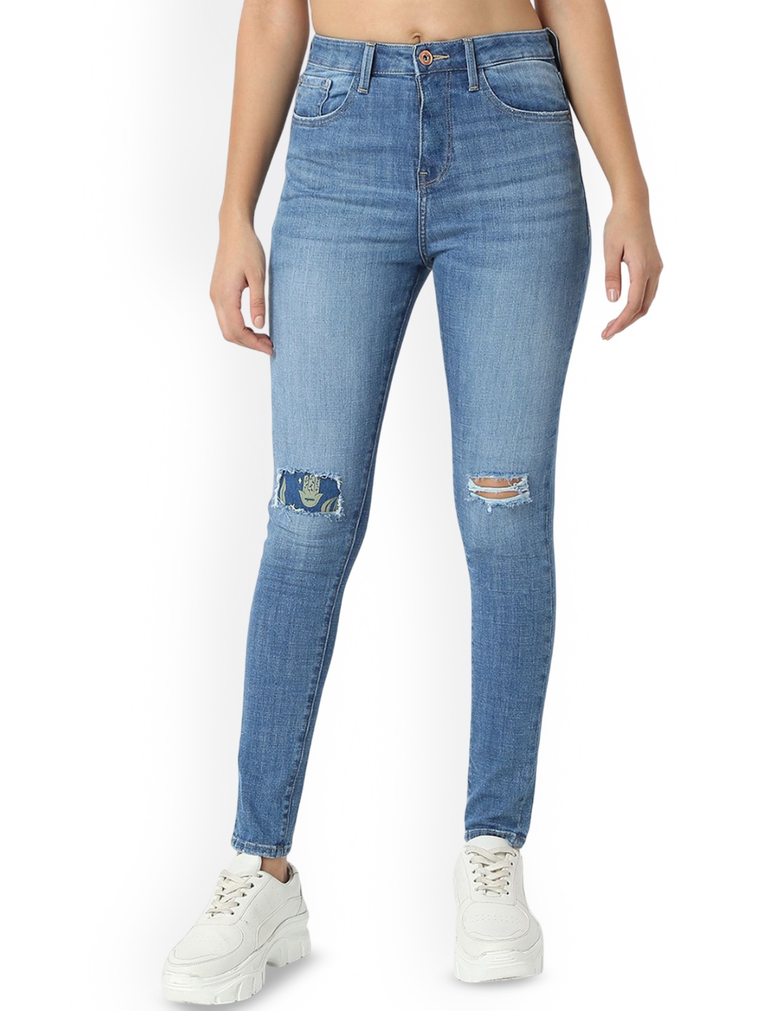 

SPYKAR Women Super Skinny Fit High-Rise Mildly Distressed Light Fade Jeans, Blue