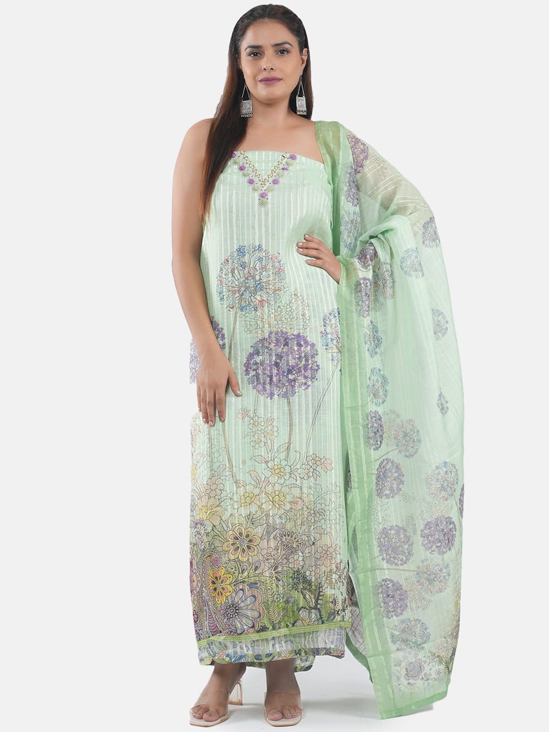 

MOZAFIA Floral Embroidered Mirror Work Linen Unstitched Dress Material, Green