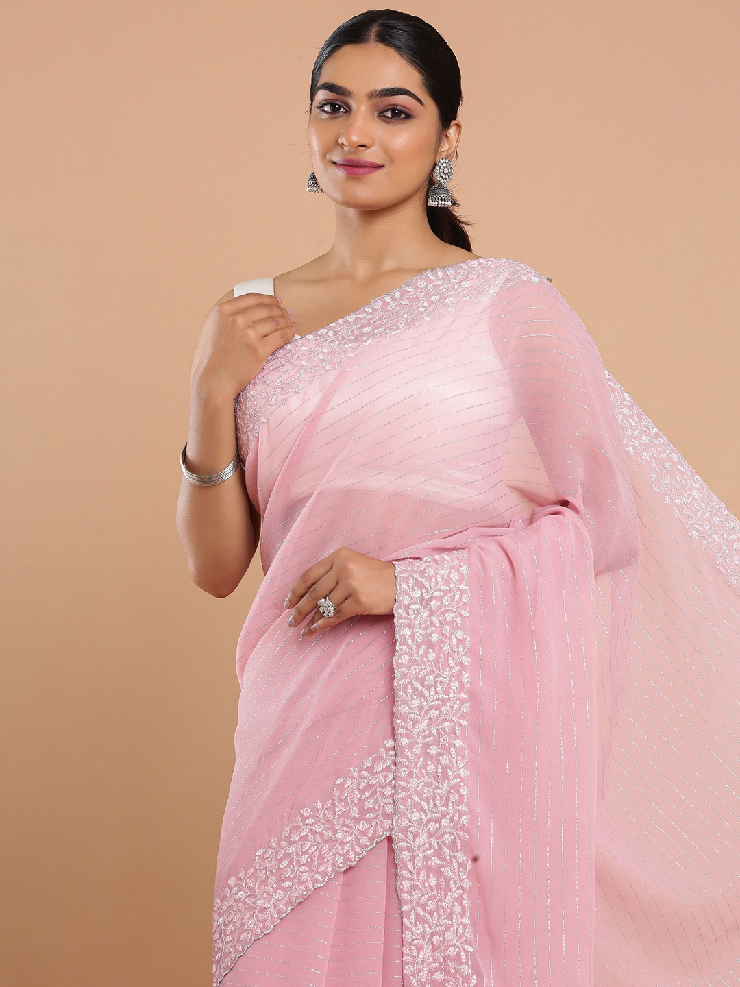 

Kalyan Silks Striped Beads and Stones Poly Georgette Jamdani Saree, Pink