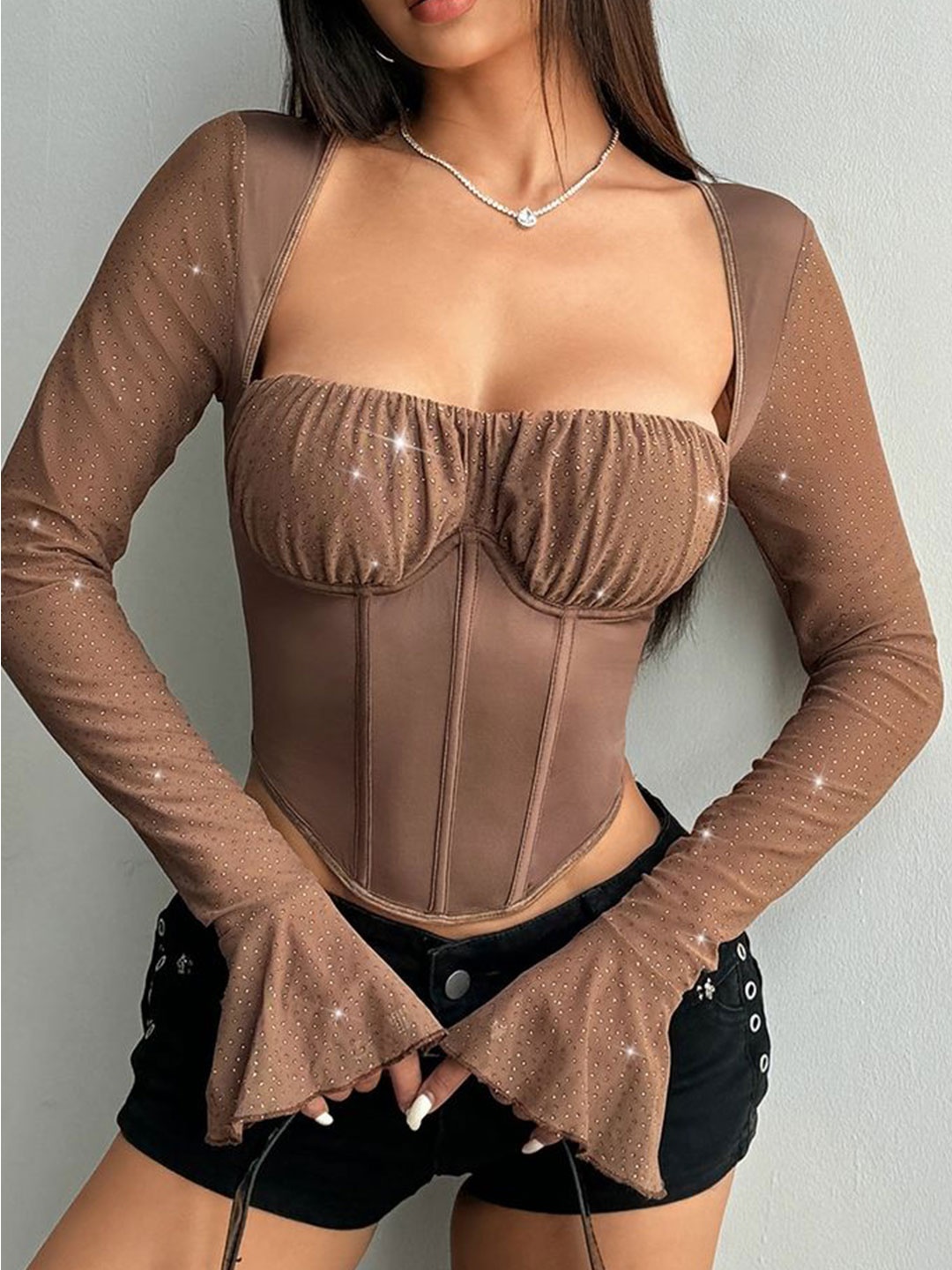 

LULU & SKY Flared Sleeve Styled Back Crop Top, Brown