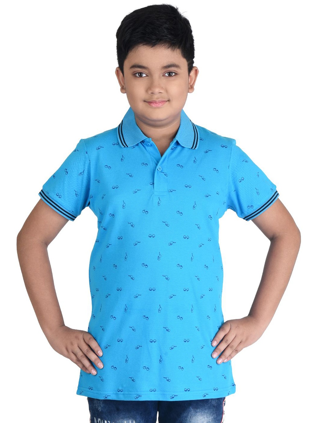 

Clothe Funn Boys Conversational Printed Polo Collar Cotton T-shirt, Turquoise blue