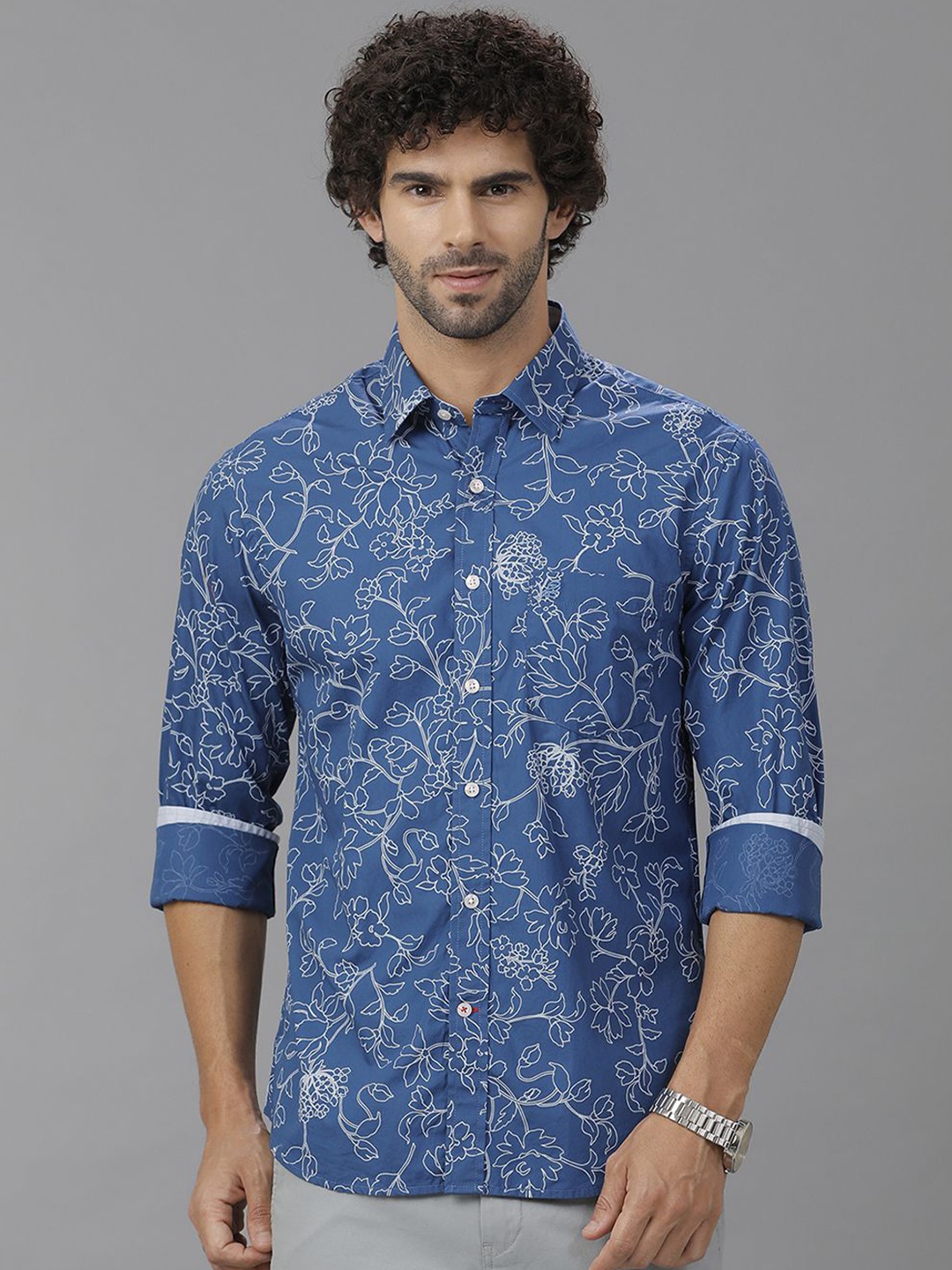

Double Two Men Comfort Slim Fit Floral Opaque Printed Casual Shirt, Blue