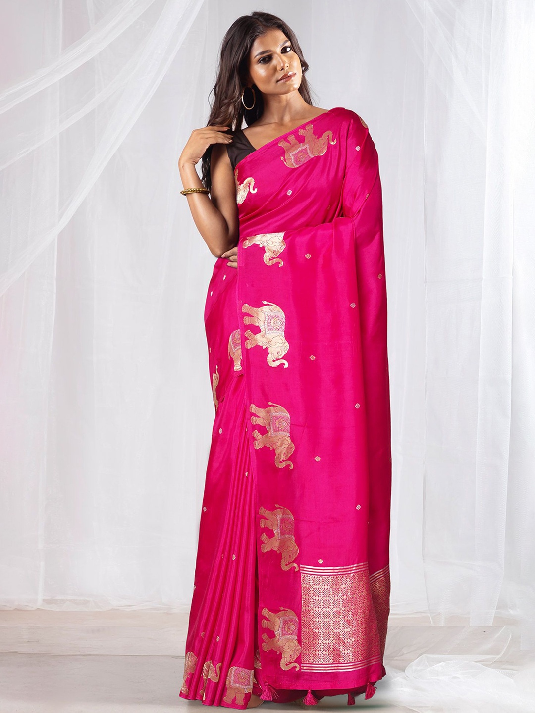 

Unnati Silks Woven Design Zari Pure Silk Banarasi Saree, Pink