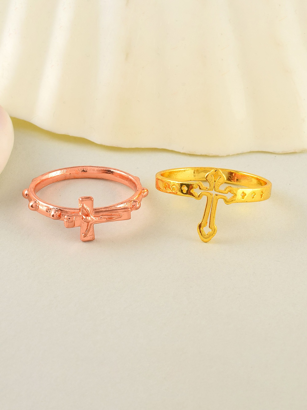 

MEMOIR Set Of 2 Brass Plated Christian Cross Finger Rings, Gold