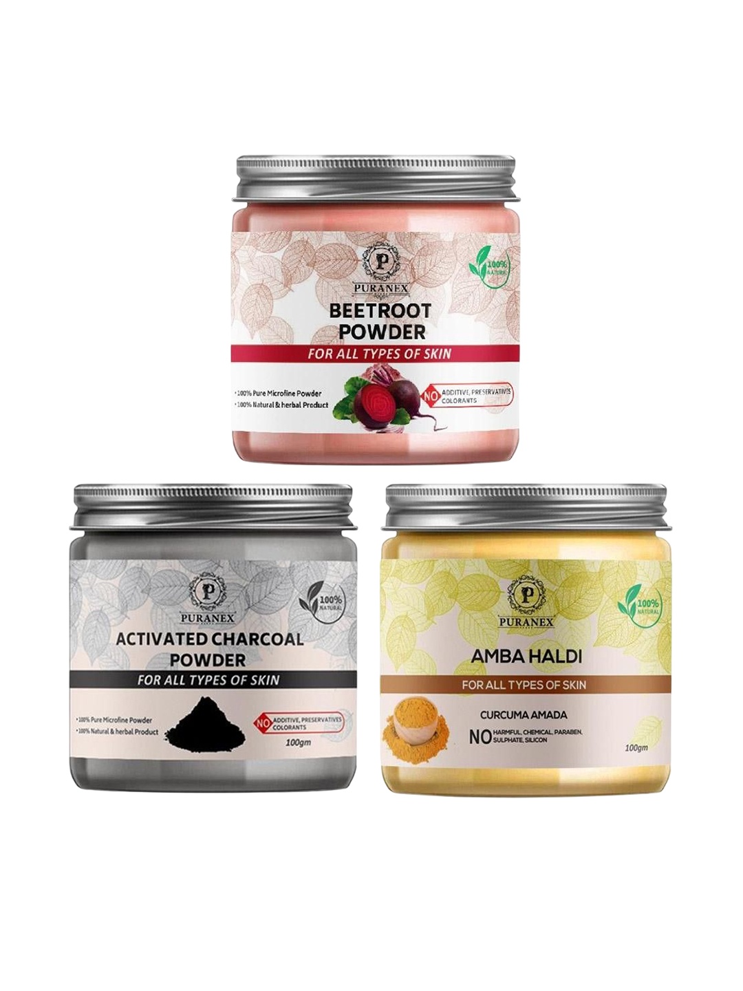 

Puranex Set Of 3 Natural & Pure Beet Root, Charcoal & Amba Haldi Powders - 100 gm Each, White