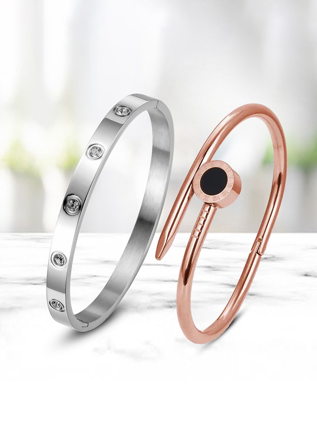 

MEENAZ Set of 2 Silver and Rose Gold-Plated Anti Tarnish CZ-Stone Studded Kada Bracelets