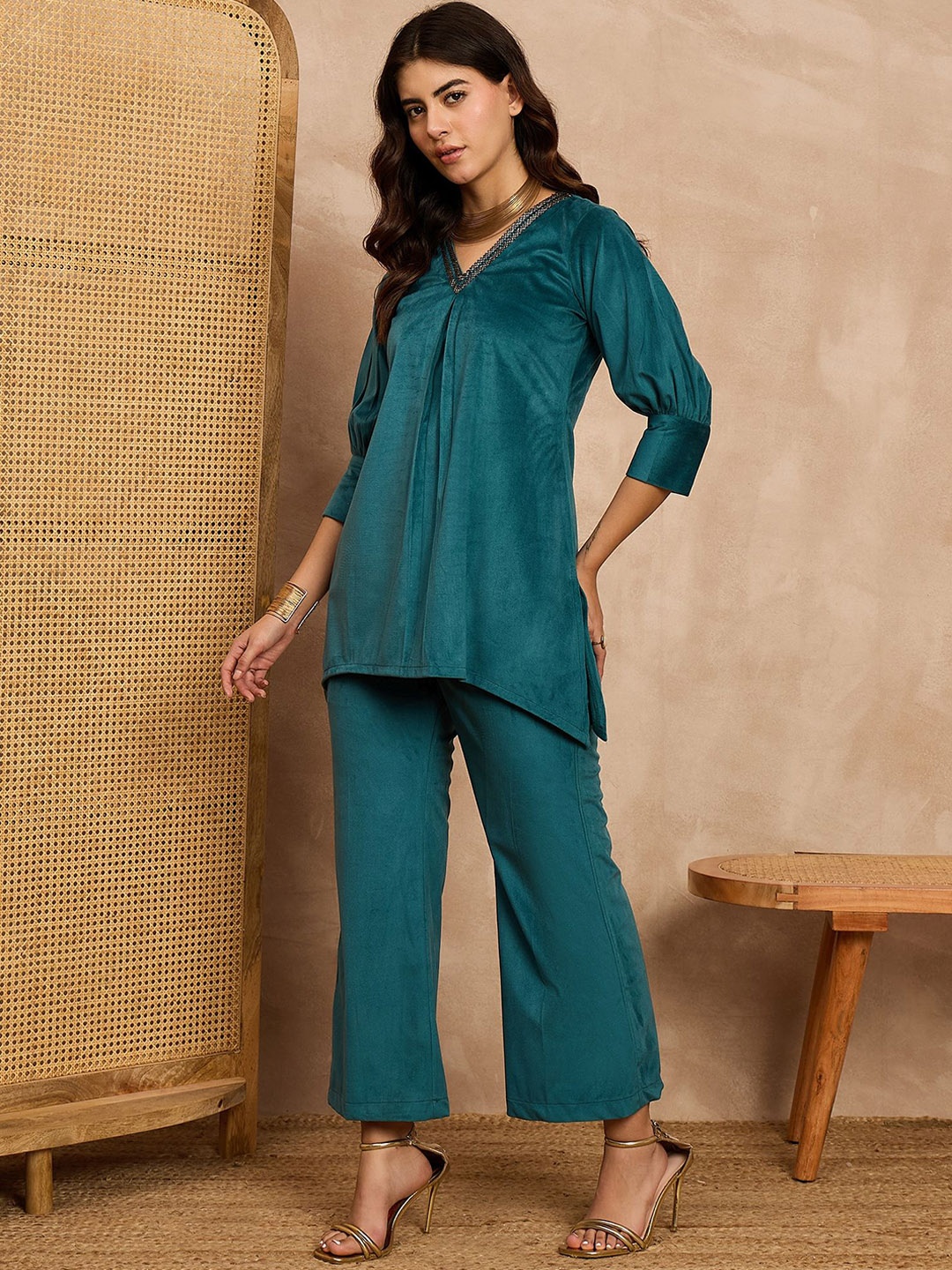 

all about you Women Velvet V-Neck Self Design Sequined Tunic with Trouser, Teal