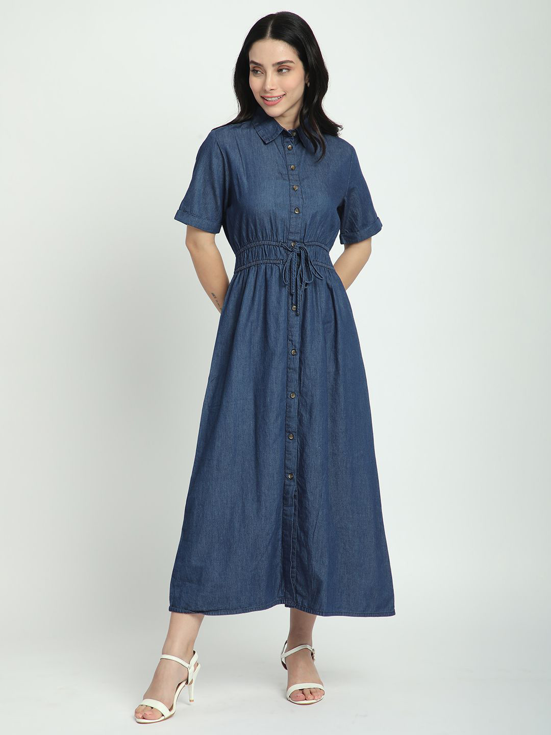 

R&B Women Denim Shirt Collar Cotton Fit & Flare Midi Dress, Blue
