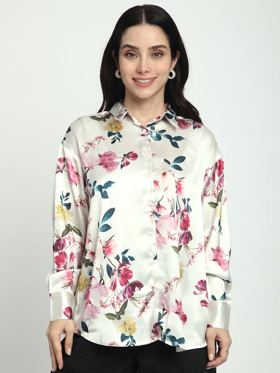 

R&B Women Floral Opaque Printed Casual Shirt, White