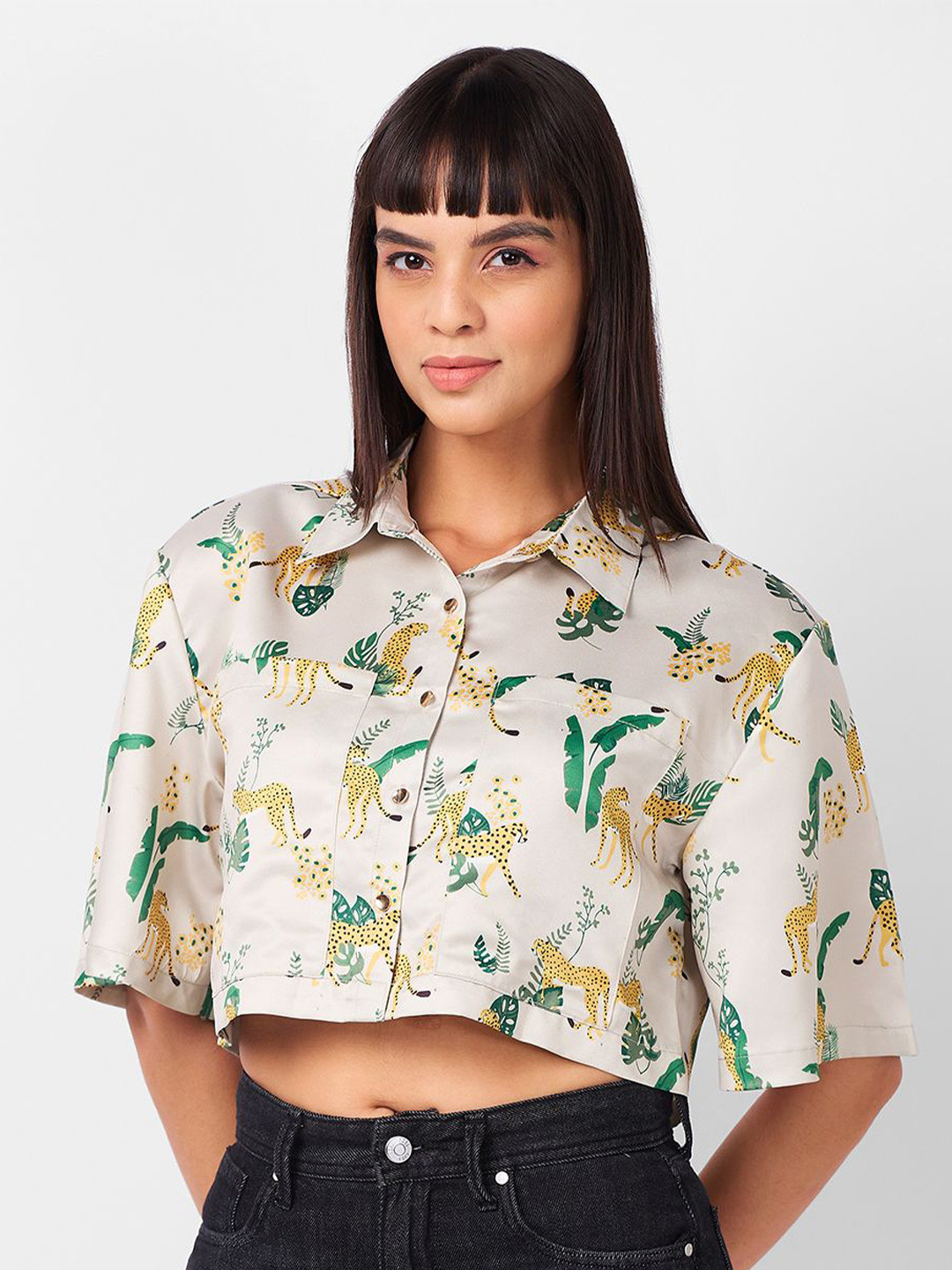 

IZEL Women Boxy Animal Printed Casual Shirt, Beige