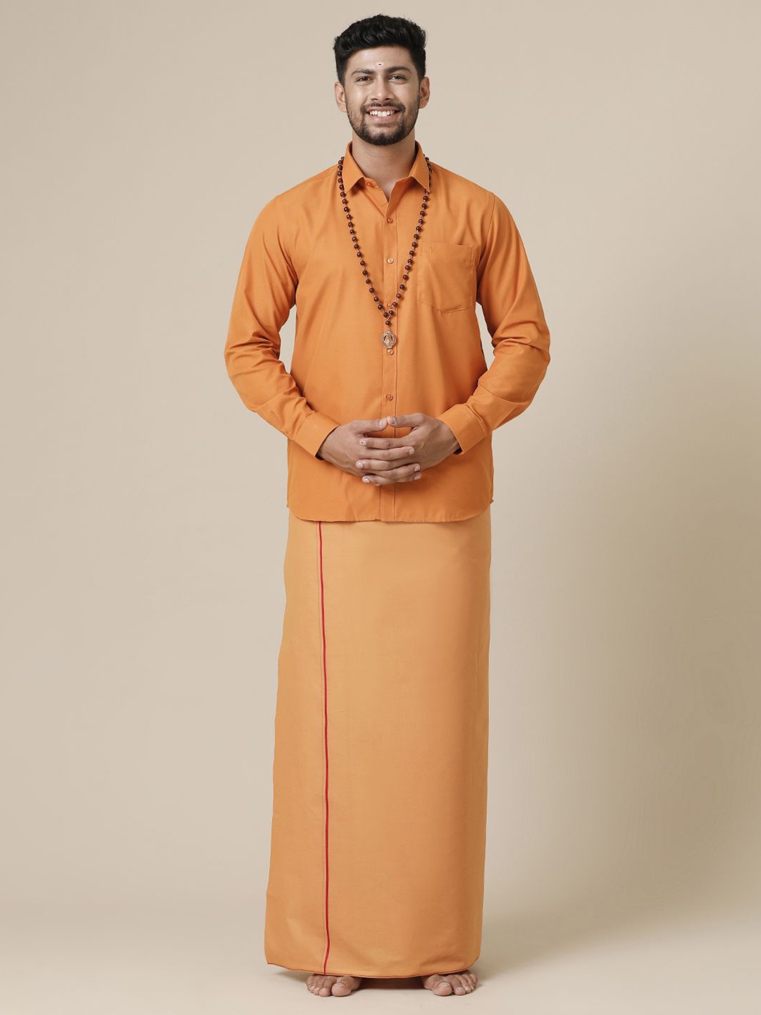 

Ramraj Men Solid Full Sleeve Shirt With Dhoti, Brown