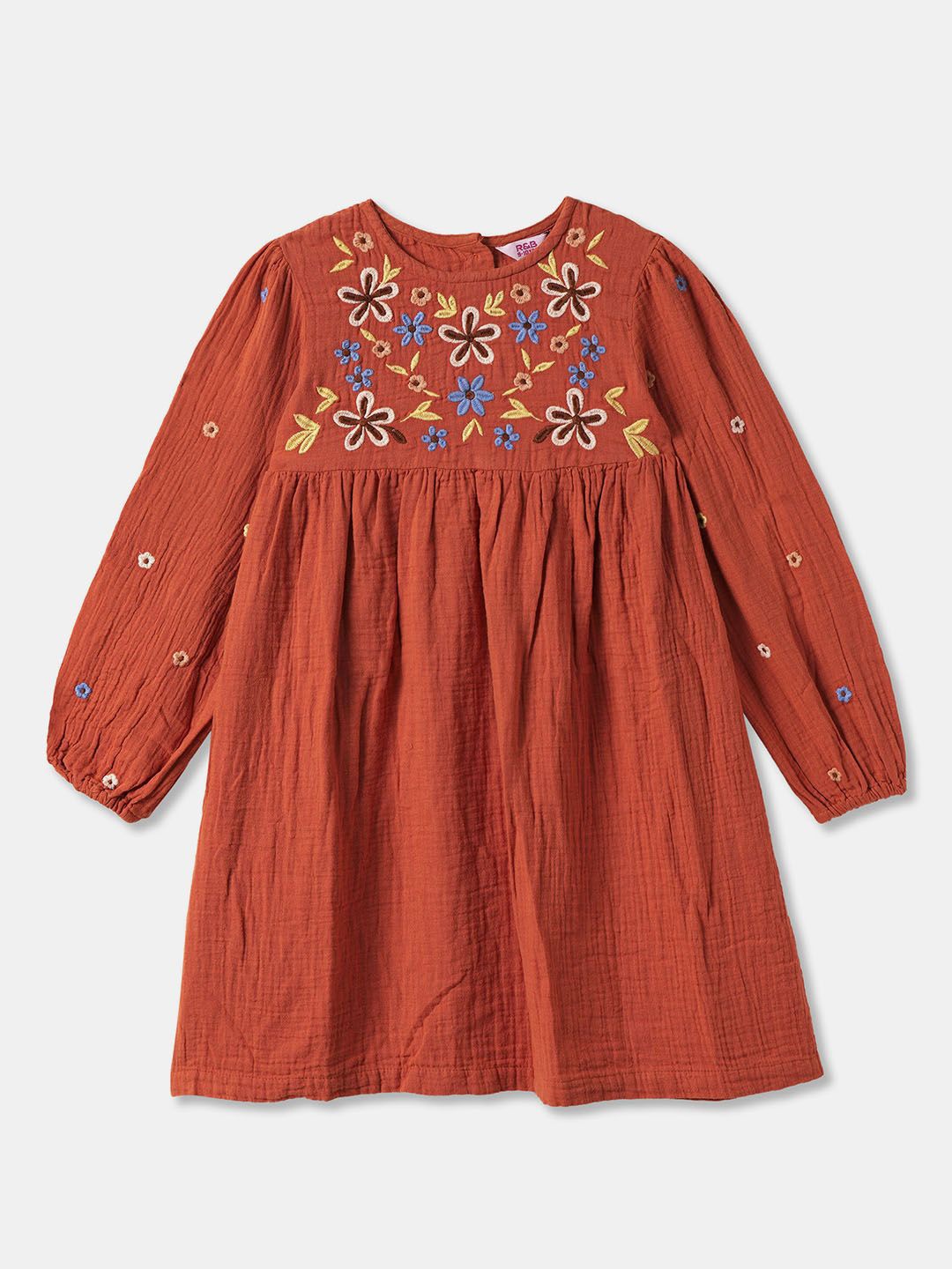 

R&B Girls Floral Embroidered Cotton A-Line Dress, Rust