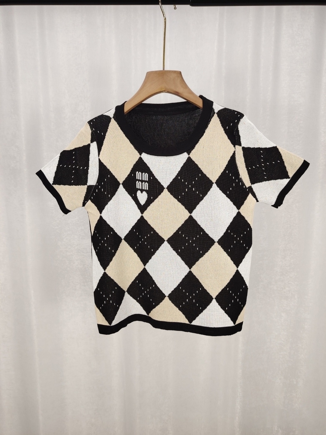 

KPOP Women Checked Round Neck Short Sleeves Top, Brown