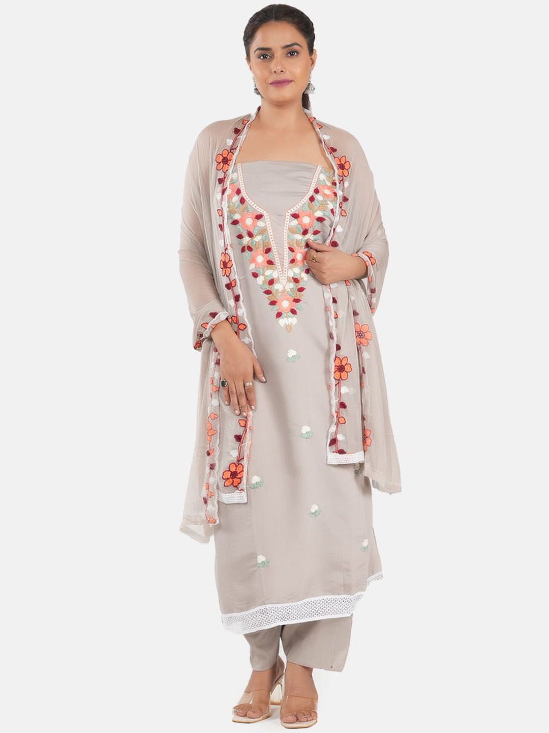 

MOZAFIA Floral Embroidered Unstitched Dress Material, Grey