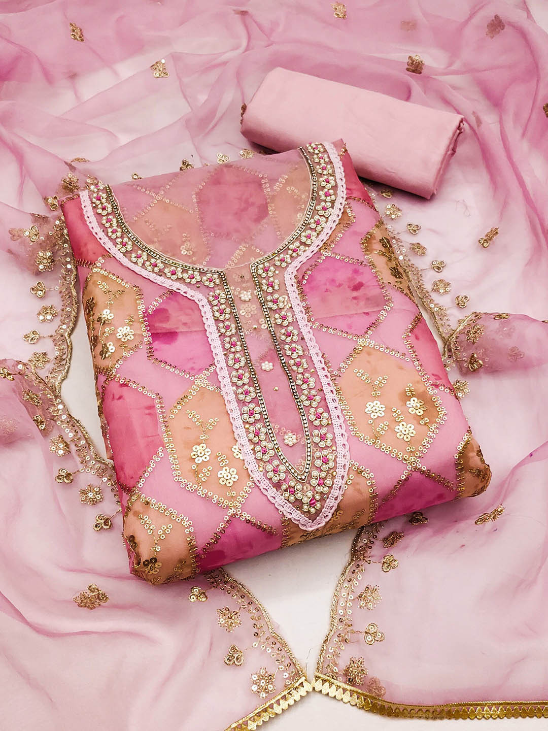 

Maroosh Geometric Printed Sequinned Organza Unstitched Dress Material, Pink