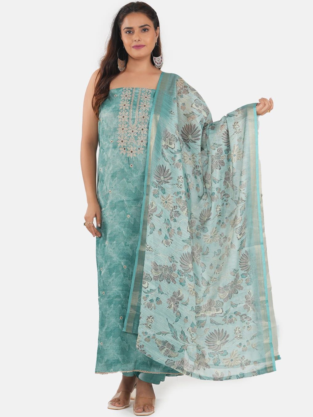 

MOZAFIA Floral Printed Zari Unstitched Dress Material, Green