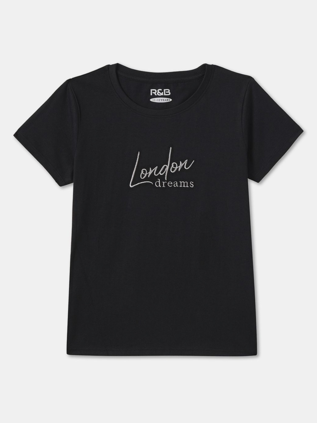 

R&B Girls Typography Embroidered Cotton T-shirt, Black
