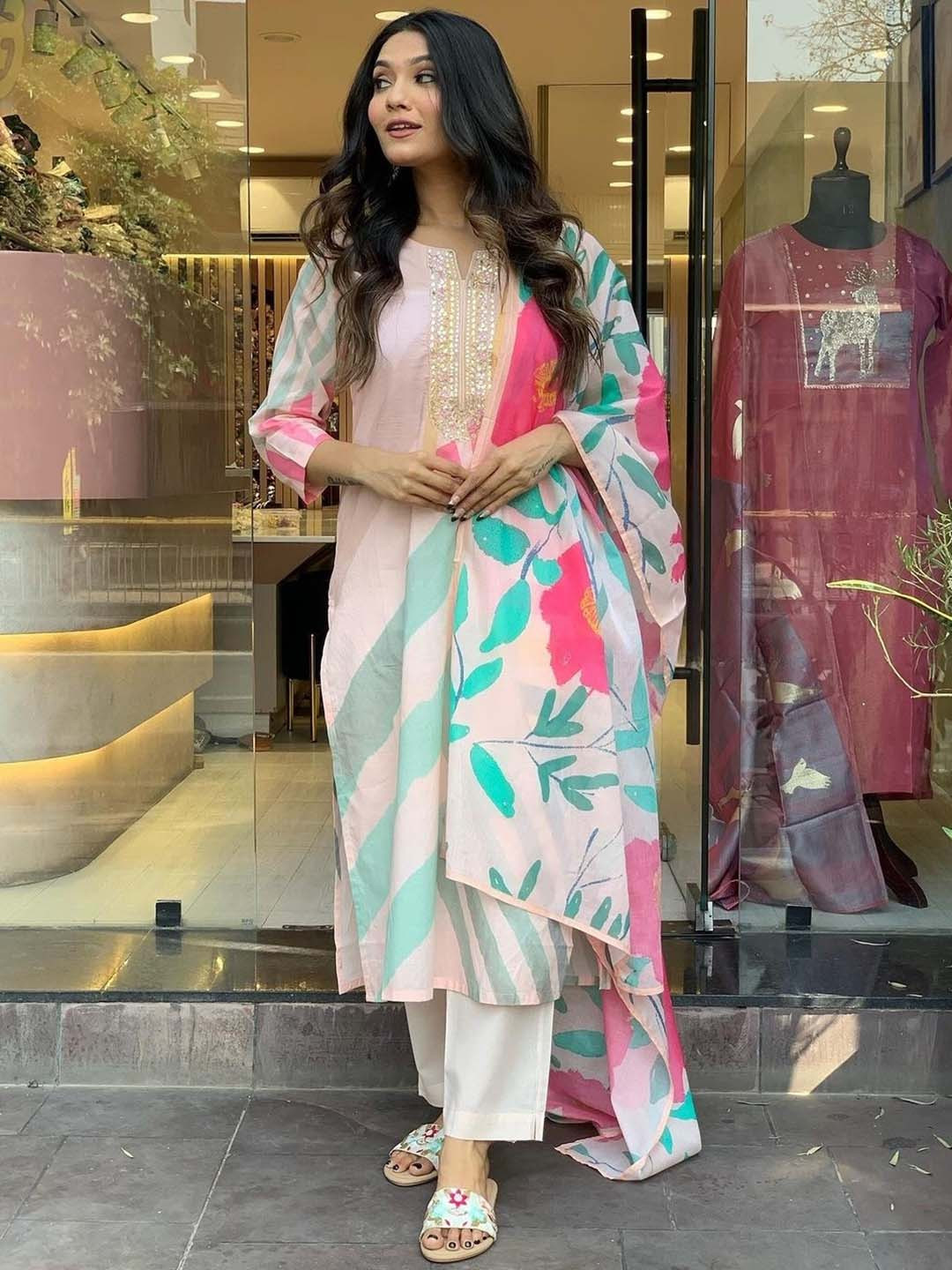 

KALINI Floral Embroidered Straight Kurta With Trouser & Dupatta, White