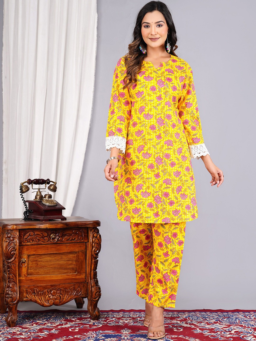 

KALINI Floral Printed Lace Detailing Pure Cotton Tunic With Trouser, Yellow