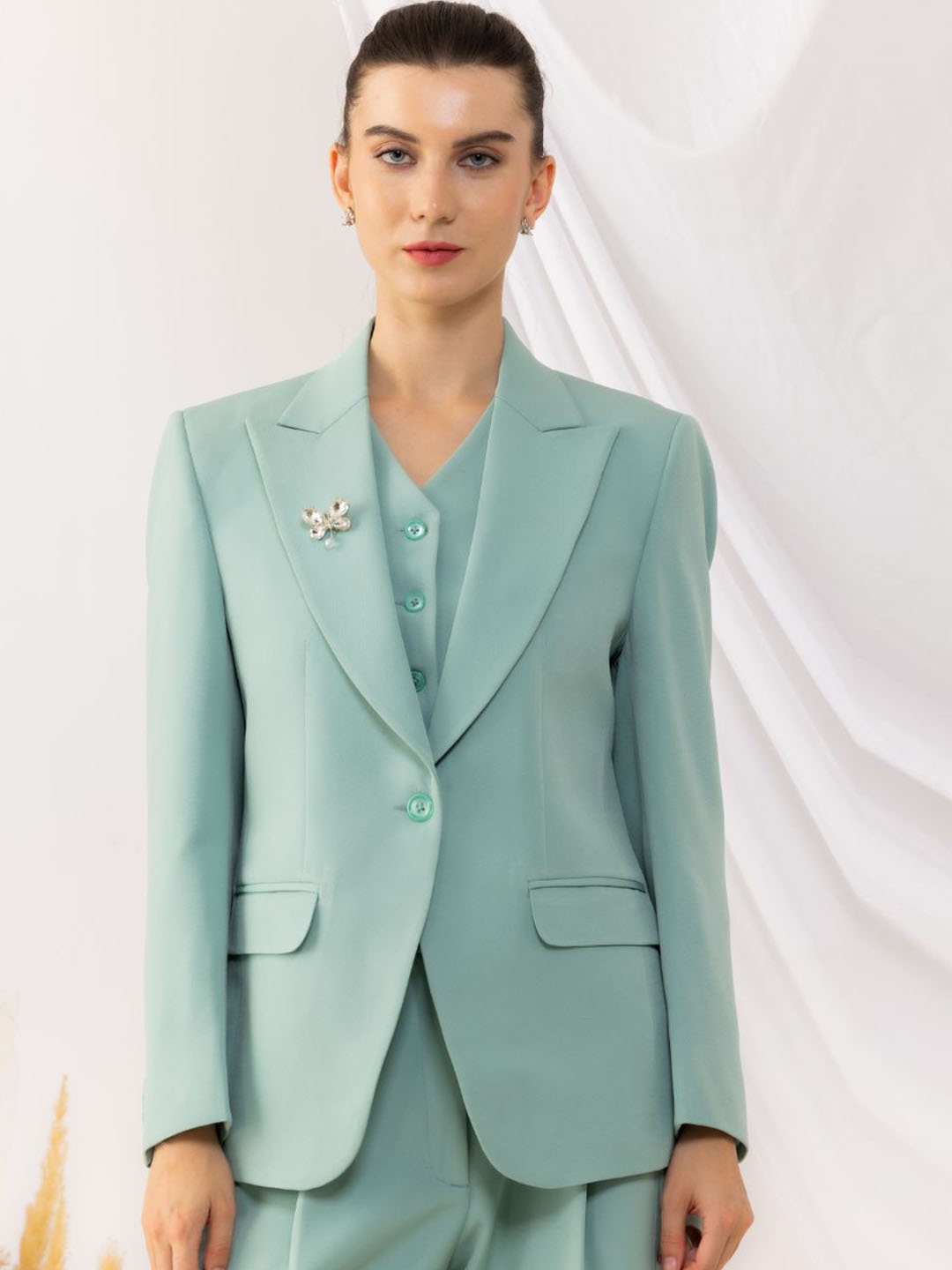 

KOVET Single Breasted Blazer With Brooch, Sea green