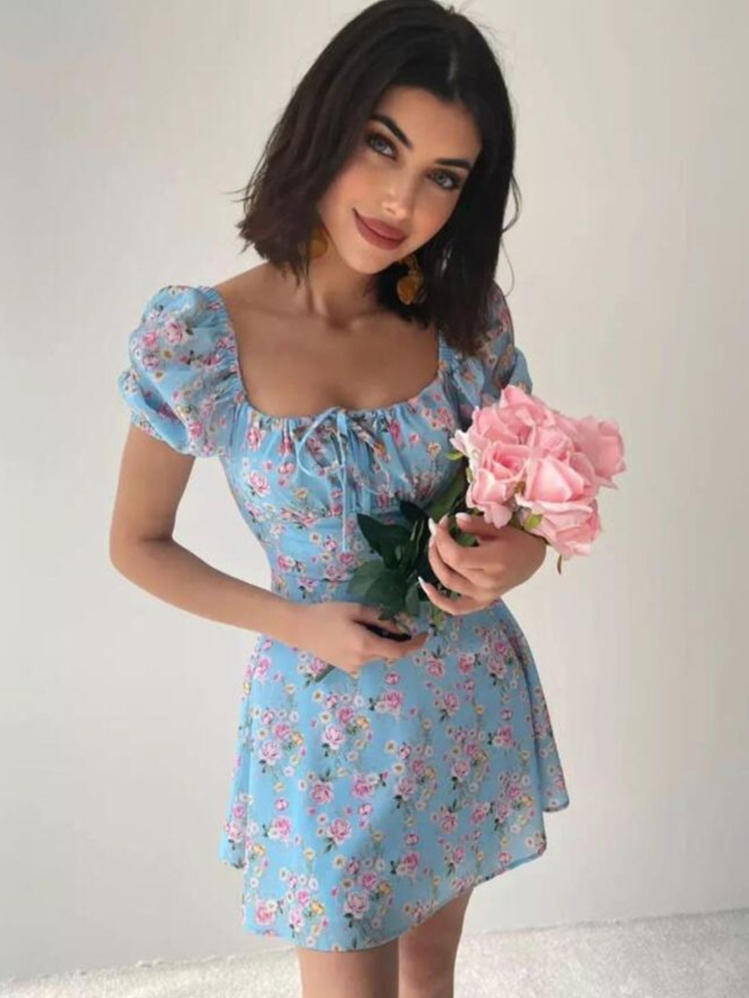 

LULU & SKY Floral Print Puff Sleeve A-Line Dress, Blue