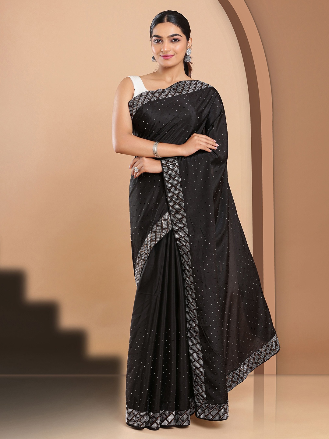 

Kalyan Silks Embellished Poly Georgette Jamdani Saree, Black