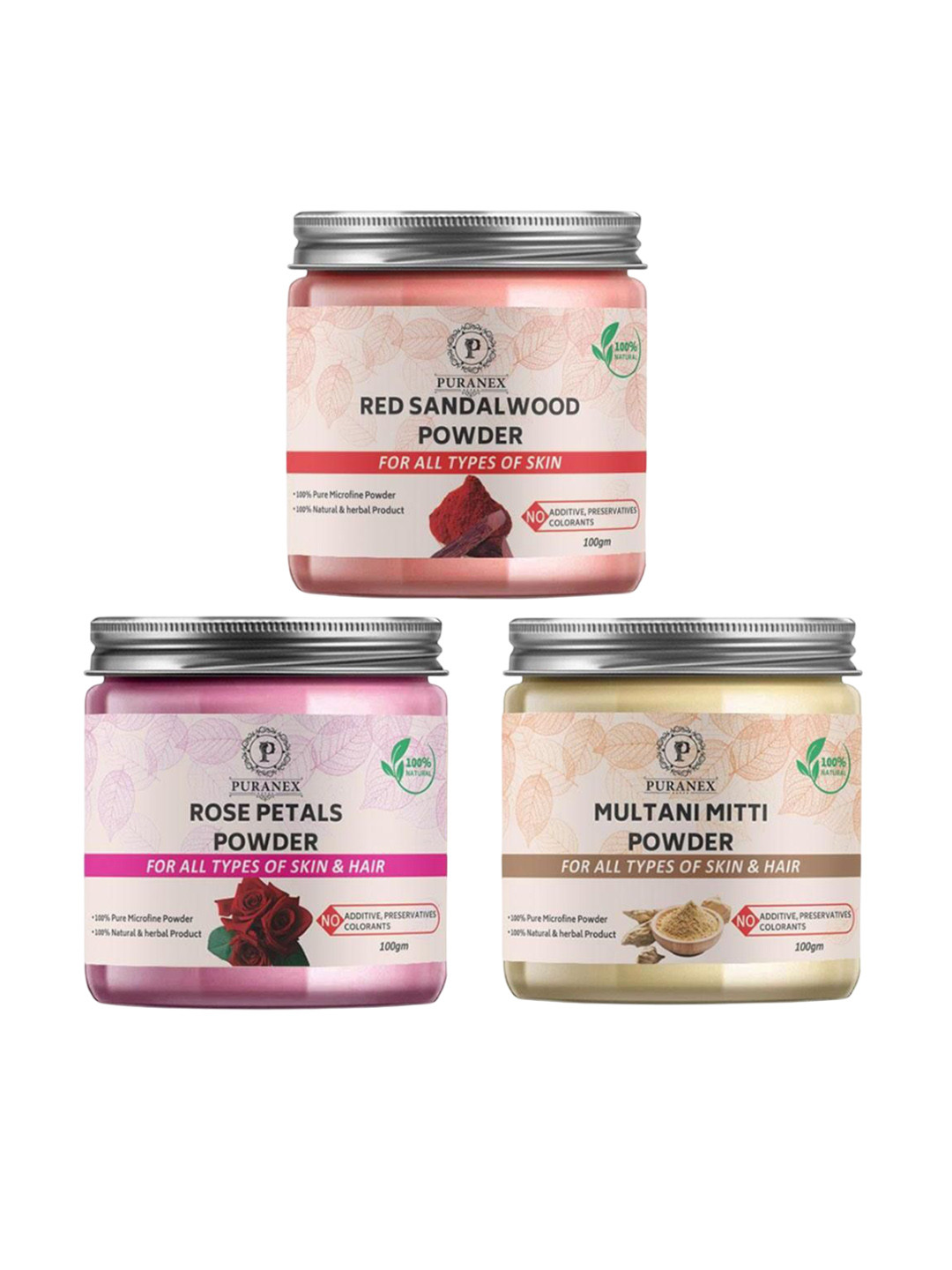 

Puranex Set Of 3 Red Sandalwood, Rose Petals & Multani Mitti Powder Face Pack, White