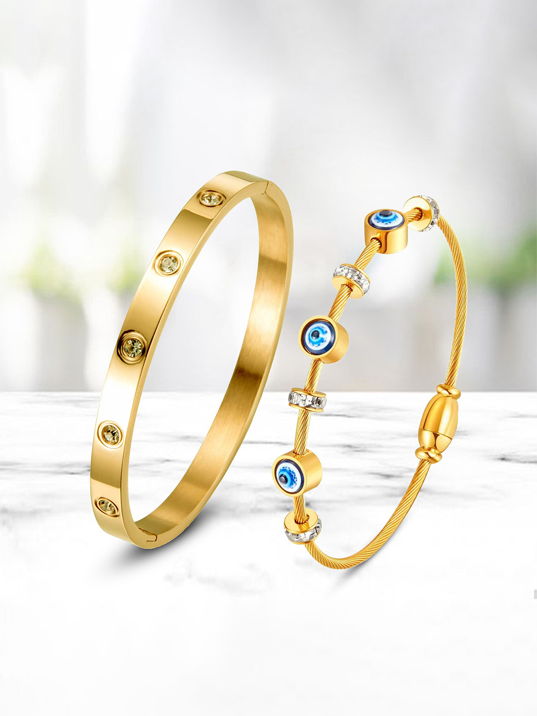 

MEENAZ Set Of 2 Gold-Plated AD Studded Stainless Steel Anti Tarnish Kada Bracelet