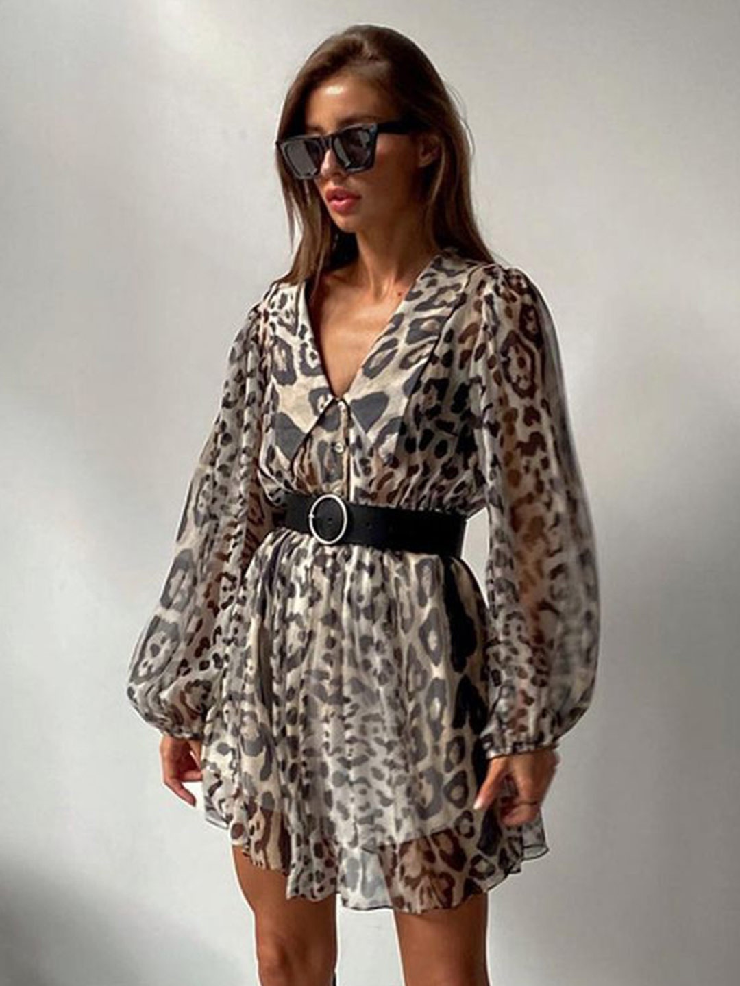 

LULU & SKY Animal Print Puff Sleeve Fit & Flare Dress, Brown
