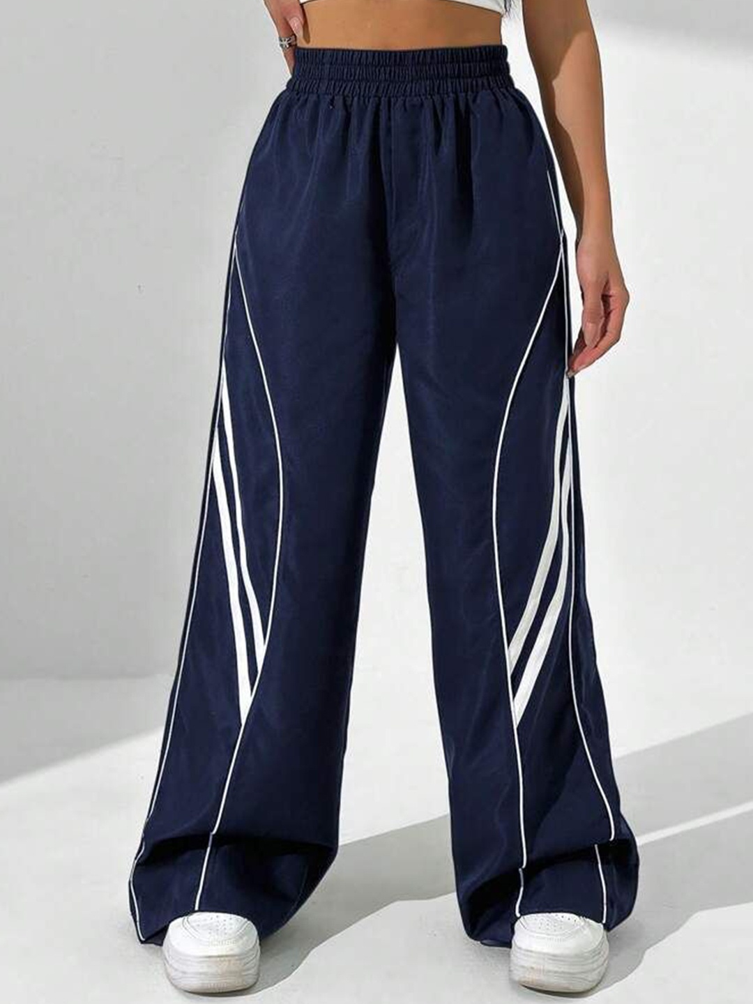 

SAAHASAM Women Striped Relaxed Loose Fit Trousers, Navy blue