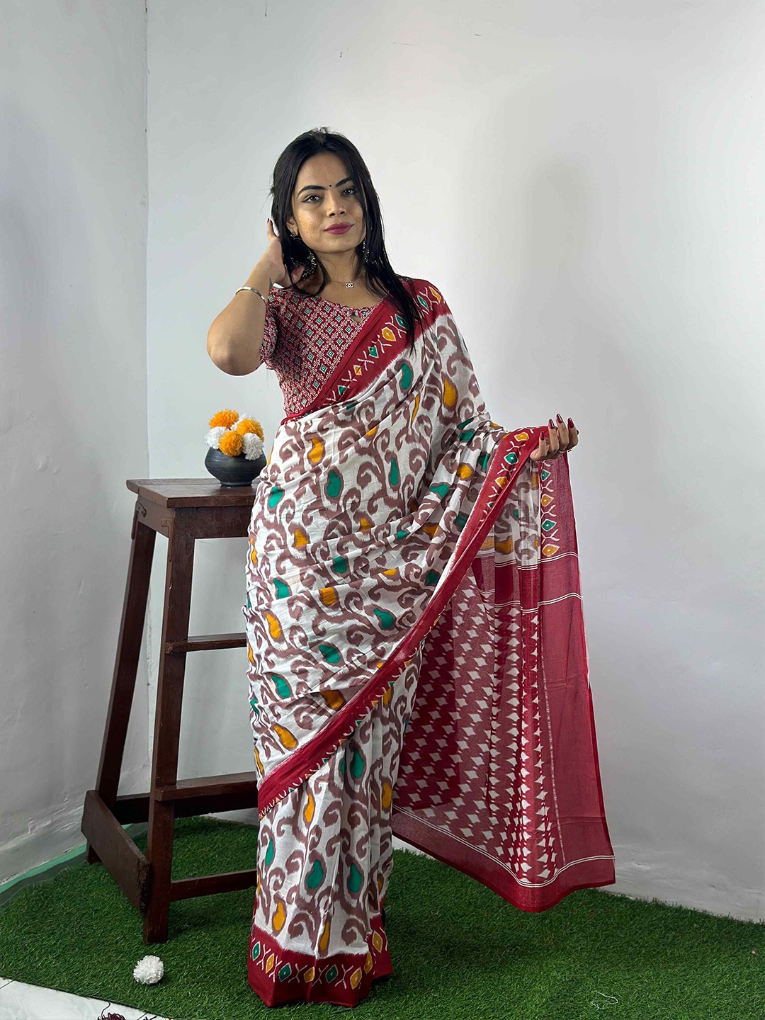 

HERE&NOW Ethnic Motifs Pure Cotton Bagru Saree, White