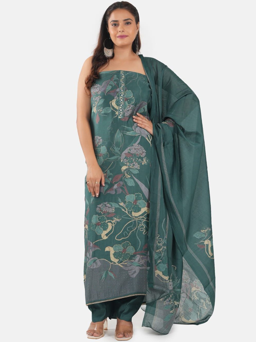 

MOZAFIA Floral Printed Pure Silk Unstitched Dress Material, Green